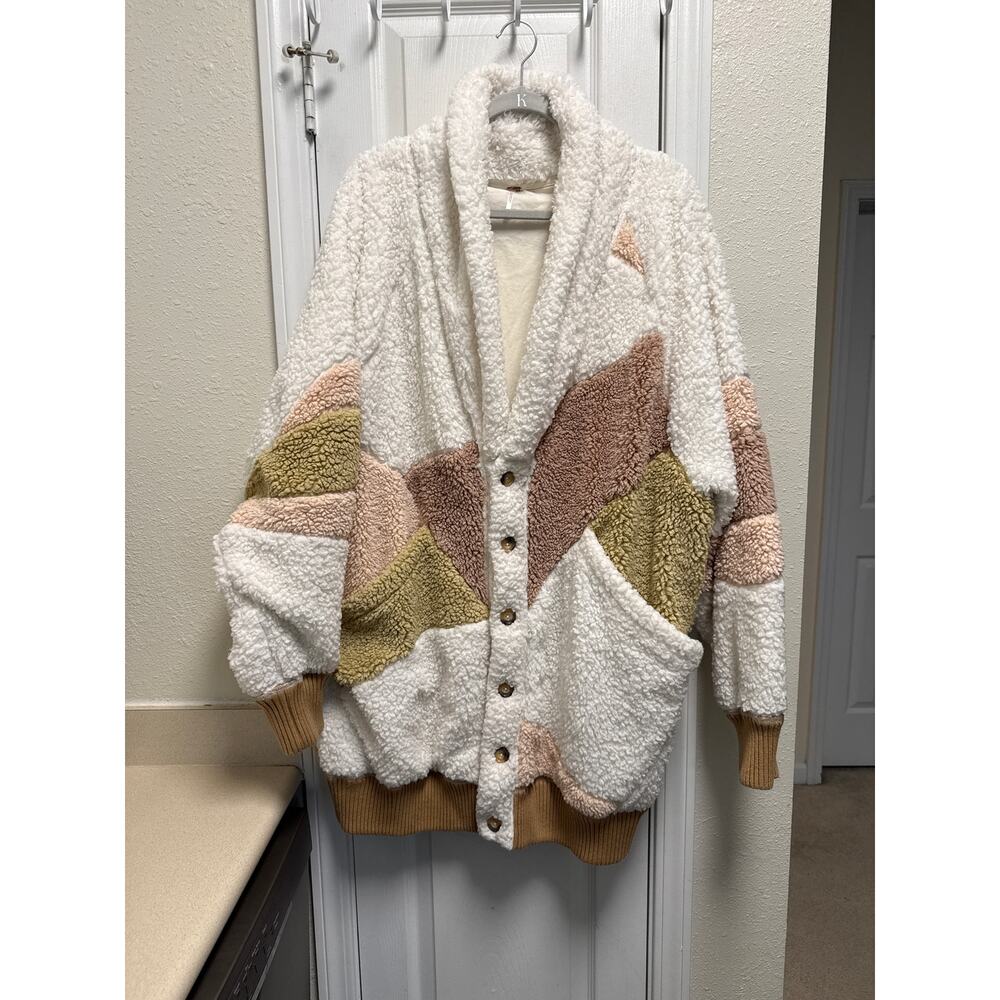 Free People Oversized Selma Cardi Color Block Sherpa Cardigan Bohemian Size XL - Picture 4 of 9